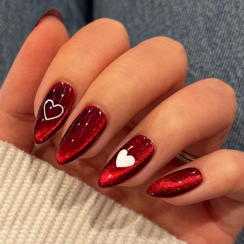 Nail Art Cat Eye Simple - 24PCS Kuku Palsu Bentuk Almond Merah