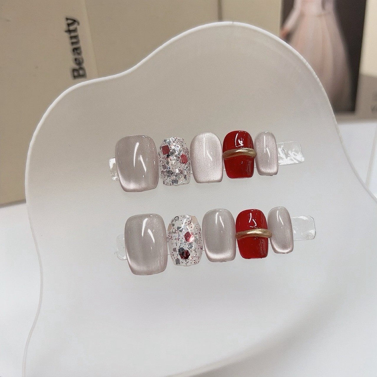 Nail Art Cat Eye Simple - 10 Buah Kuku Tekan Mengkilap Buatan