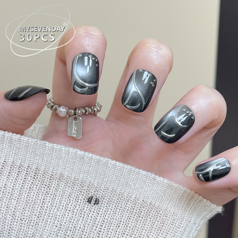 30 buah kuku palsu hitam buata - Nail Art Cat Eye Simple ulasan dan harga