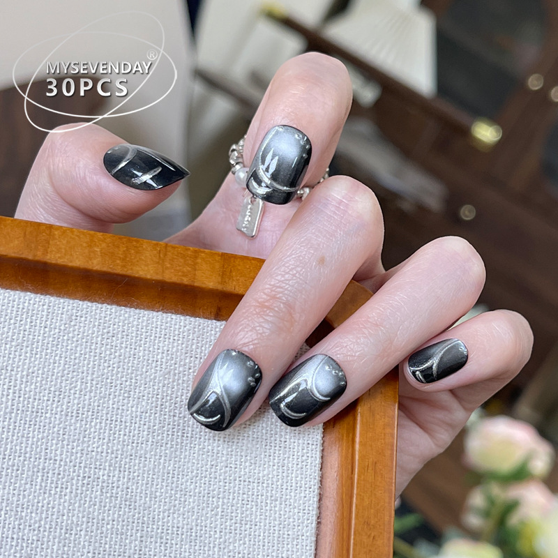 30 buah kuku palsu hitam buata - Nail Art Cat Eye Simple ulasan dan harga